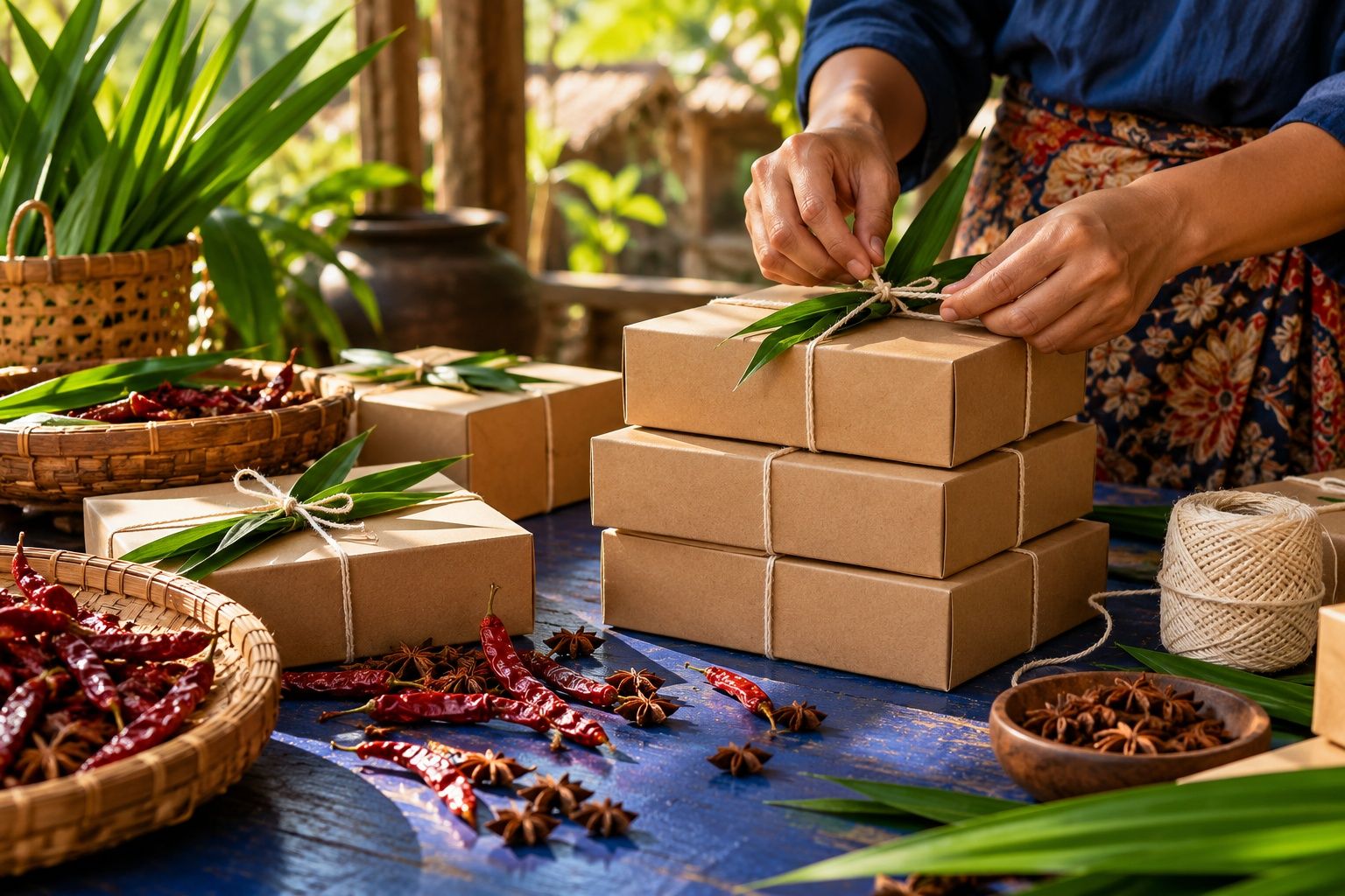 Kraft gift boxes tied with cotton twine and pandan leaves on a deep blue table