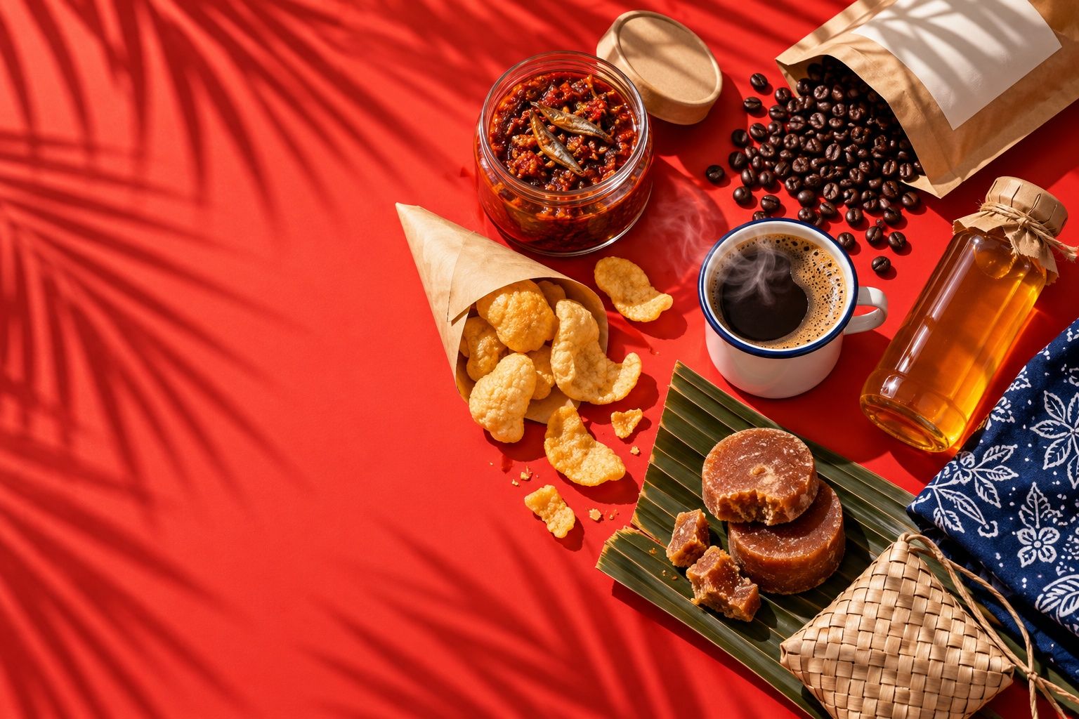 Overhead spread of Malaysian goods on a red table: sambal, coffee beans, kopi, palm sugar, fish crackers, honey, batik and a woven pouch
