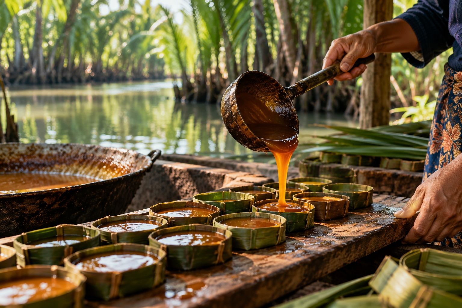 Hands pouring hot palm sugar from a ladle into small round leaf moulds